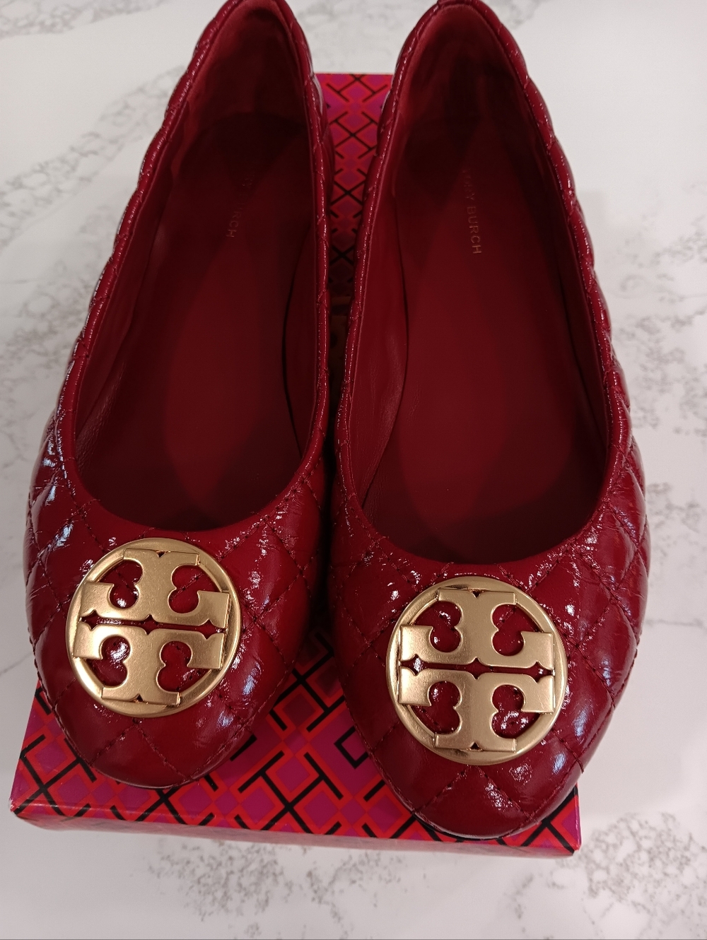 Tory Burch Quilted Red Patent Logo Ballet Flats